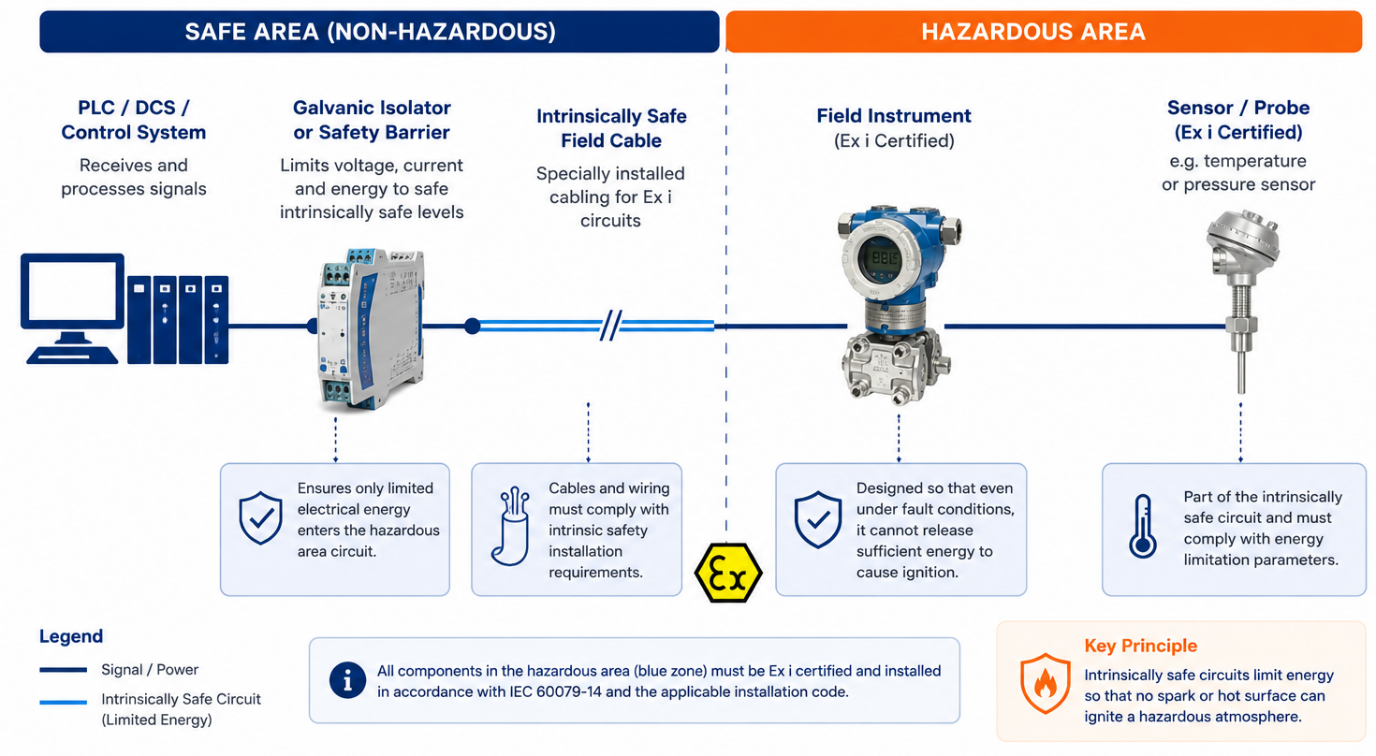 Simplified architecture of a typical intrinsically safe instrumentation loop