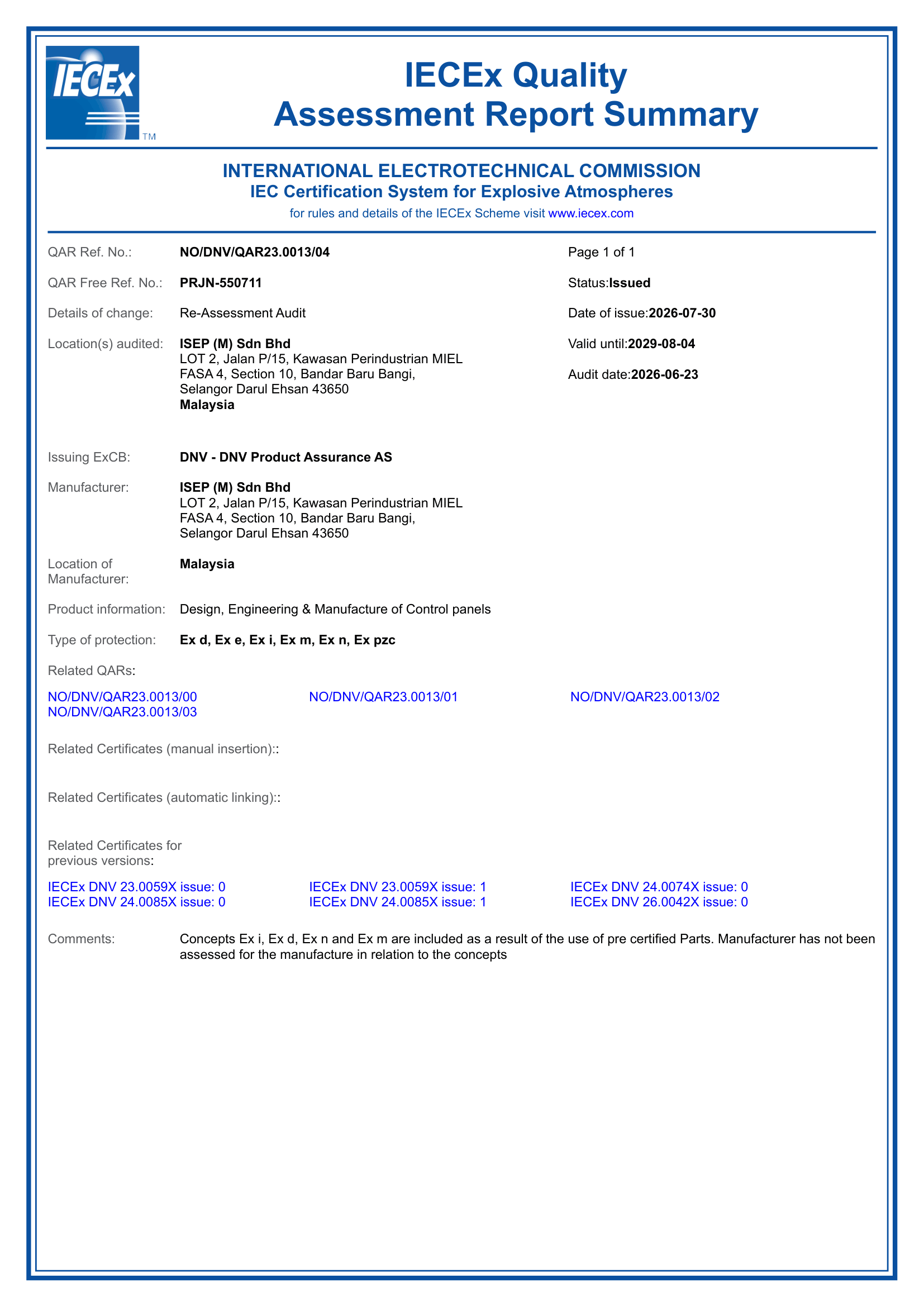 IECEx Quality Assessment Report Summary